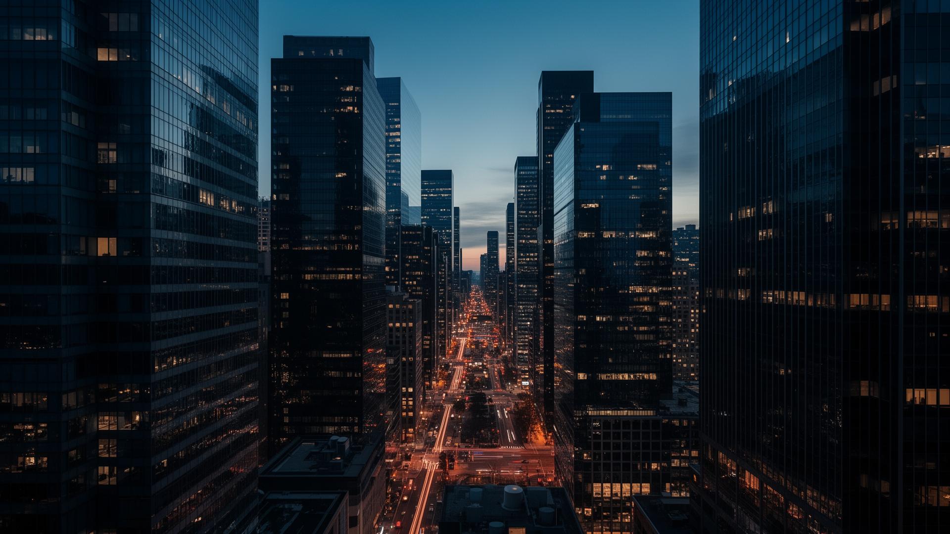 Distrito financeiro corporativo ao entardecer